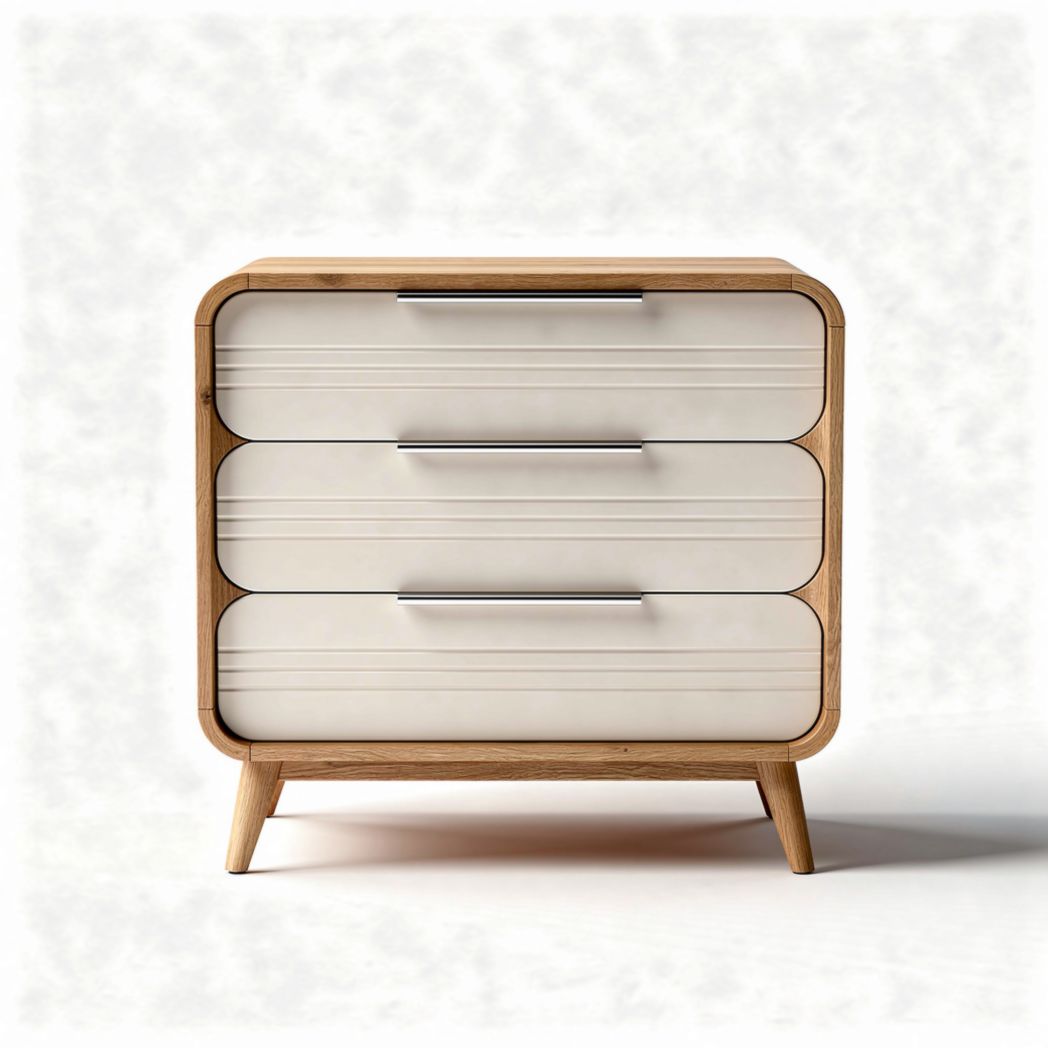 Wooden nightstand with three drawers in white and natural finish 60 x 40 x 75cm