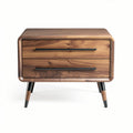 Walnut wood nightstand with two drawers and black metal legs 50 x 40 x 40cm