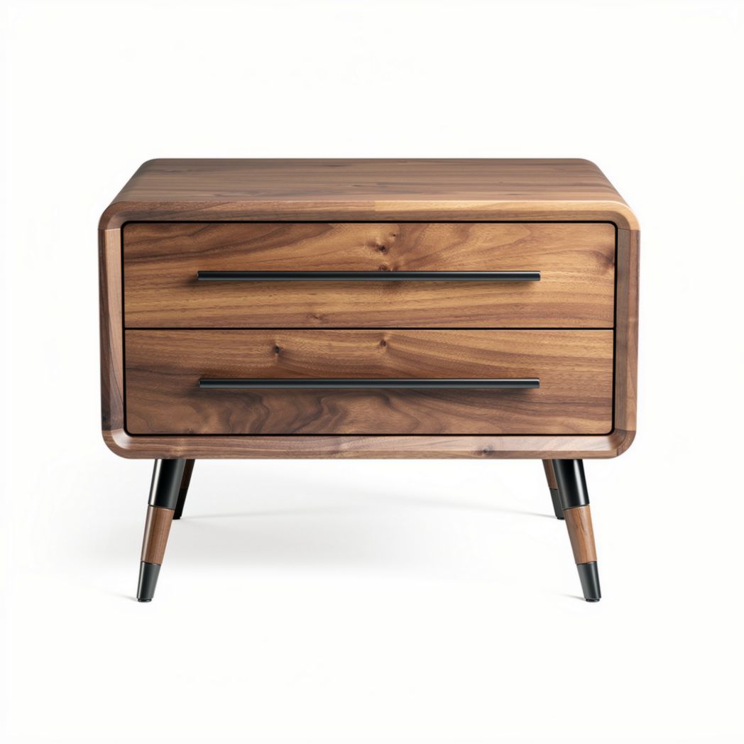 Walnut wood nightstand with two drawers and black metal legs 50 x 40 x 40cm