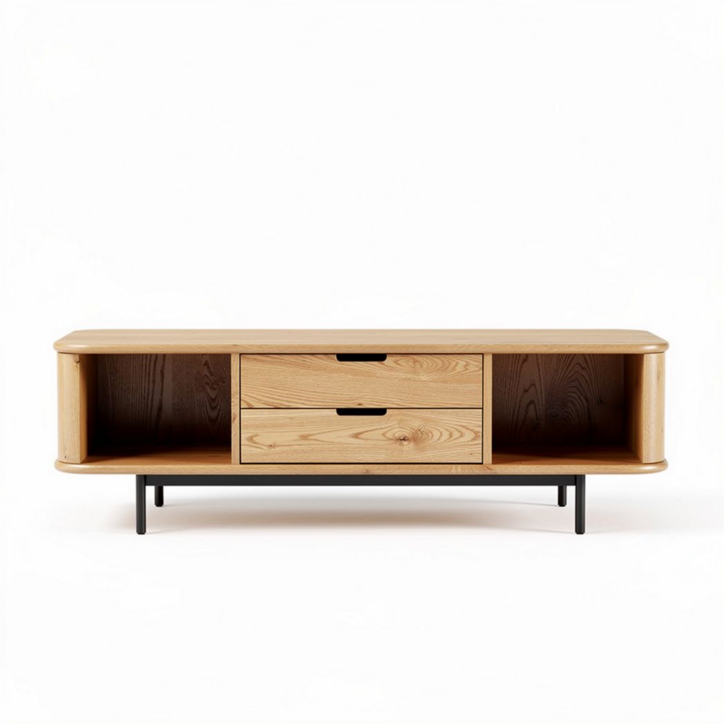 Wooden media console with two drawers and open storage 160 x 40 x 45cm