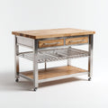 Rolling kitchen island with wooden top stainless steel legs and storage 150 x 75 x 90cm