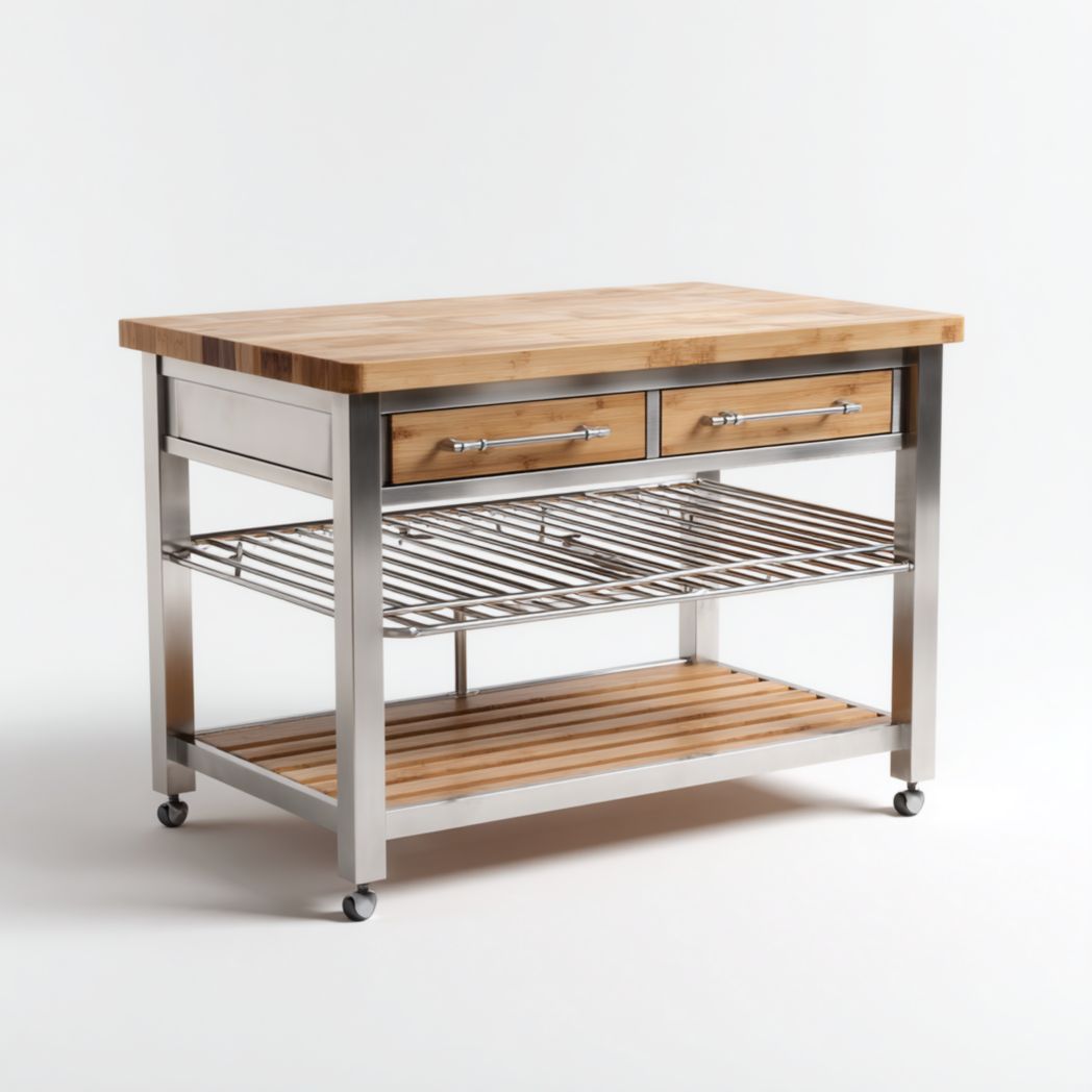 Rolling kitchen island with wooden top stainless steel legs and storage 150 x 75 x 90cm
