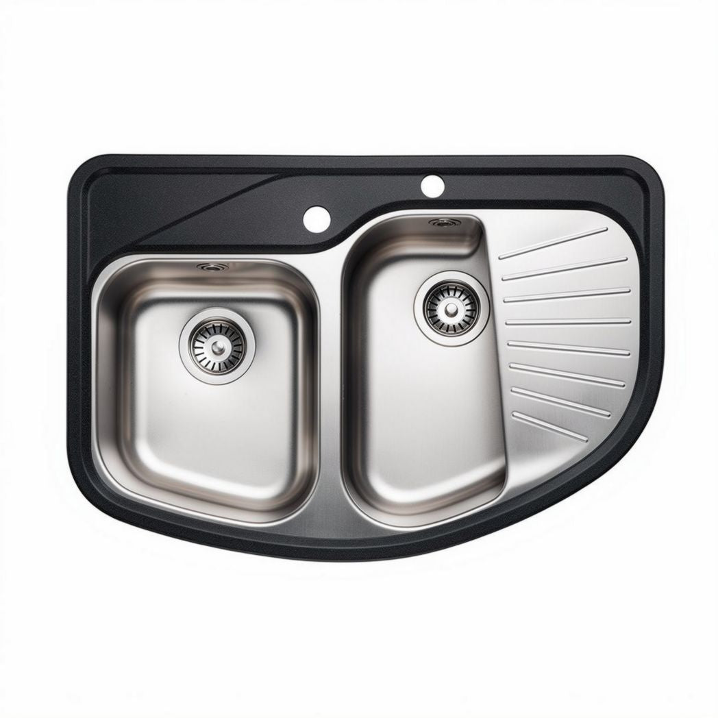 Stainless steel kitchen sink with double bowl design and drainage board 75 x 45 x 20cm