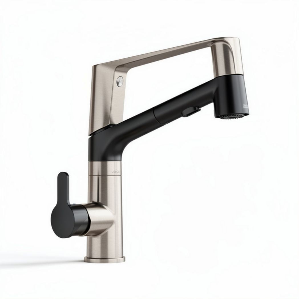 Black and stainless steel kitchen faucet with pull-down sprayer 26 x 10 x 15cm
