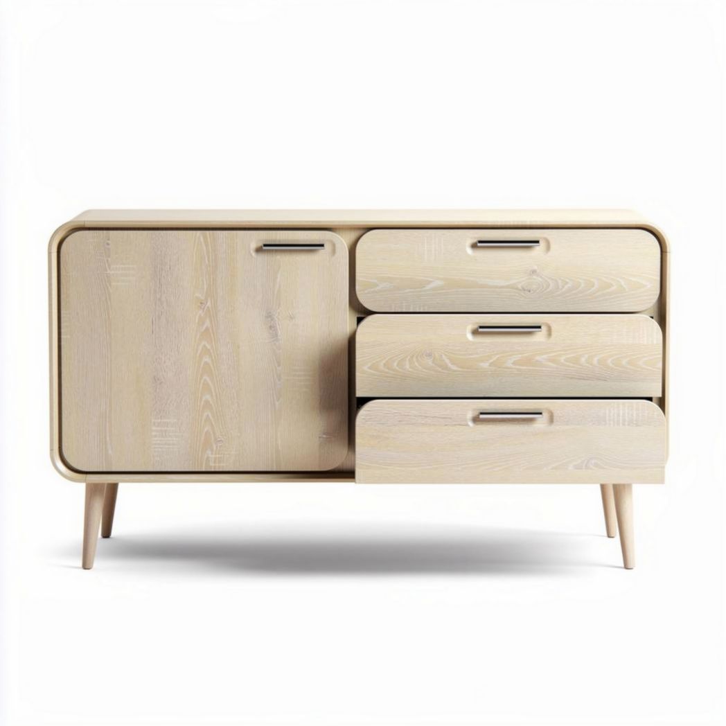 Scandinavian style wooden sideboard with three drawers and cabinet in natural finish